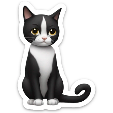 A tuxedo cat with a mostly black coat has a white patch from her bottom lip down her belly. She has a small black splotch on her chin and a tiny white mustache under her black nose. sticker