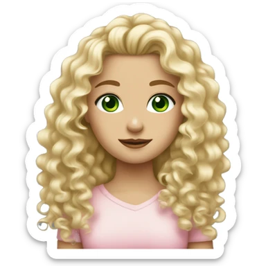 Dirty blonde curly hair, fair skin, green eyed blonde girl wearing light pink sticker