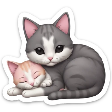 dark grey and white small cat with eyes closed, leaning his head on his paw while leaning on his elbow lying down sticker