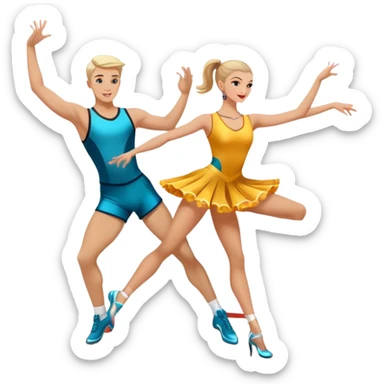Icon for Sports Dance: a couple performing an energetic and synchronized dance, dressed in competitive dance attire, dance shoes, a rhythmically placed dance floor, and a competition backdrop. The icon should capture the athleticism, technique, and precision of sports dance. Transparent background. sticker
