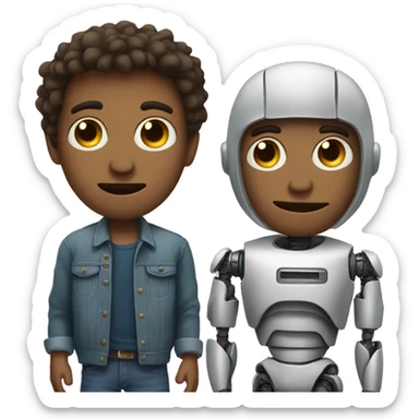 a guy with two faces, one half is a robot and the other is a normal face sticker