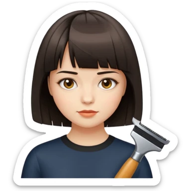 A short haired girl (a lob haircut) cutting her bangs sticker