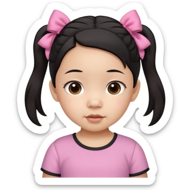 mixed 1 year old girl asian and american with short pigtails and cute bows i dark brown/black hair with big brown eyes emoji in a pink shirt sticker