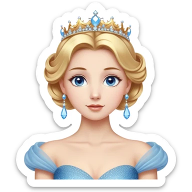 Cinematic Stunning Cinderella Portrait Emoji, Radiant in her sparkling blue ball gown, golden hair in a perfect updo, soft blue eyes full of wonder, glistening tiara, glowing with an ethereal beauty, regal yet kind, a dreamlike aura surrounds her, capturing the essence of a fairy tale princess, elegant and breathtaking! sticker