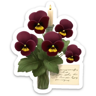 A handwritten love note resting beside a bouquet of burgundy pansies and a flickering candle
 sticker