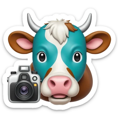 Emoji-style icon of a cow and buffalo with a camera or scan frame, representing image upload for breed detection. Simple, friendly, rounded design, clear at small sizes, teal and white accents, no text, transparent background. sticker