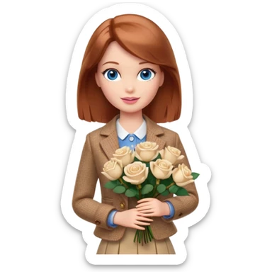 A Barbie girl with blue eyes, shoulder-length reddish-brown hair, made-up, wearing a beige tweed jacket and a beige skirt, with a bouquet of white nine roses sticker