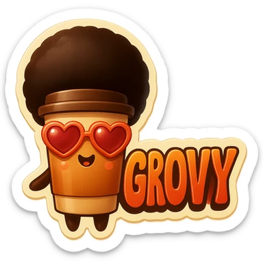 Tall coffee cup, no mouth, afro, heart glasses, giant groovy sign sticker