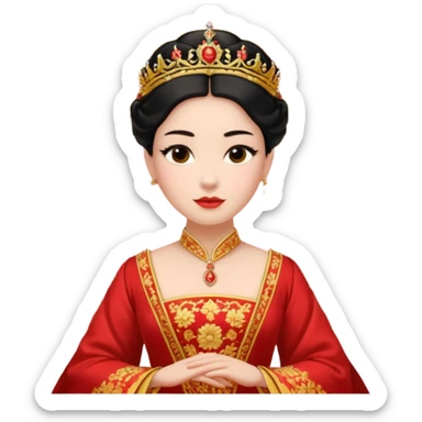 background is UK queen sitting in a Imperial Chinese palace building with red walls, golden roof decorations sticker