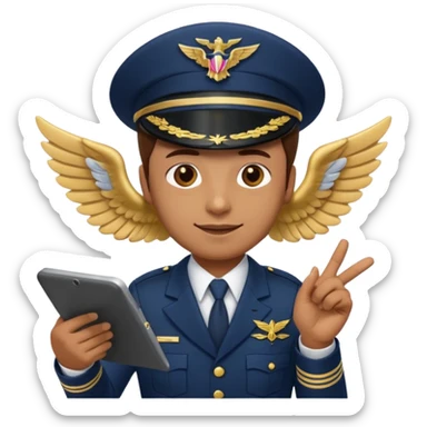 Slack-style emoji of a pilot wearing a navy captain hat with gold wings, pointing at a tablet or checklist with one hand, other hand ready or slightly raised, confident and attentive expression sticker