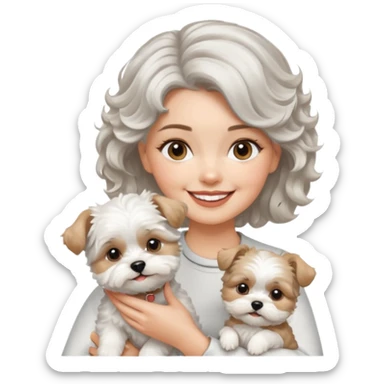 silver, short, wavy-haired with loose curls, smiling pretty lady holding a white west highland terrier dog and a white and tan shih tzu dog sticker