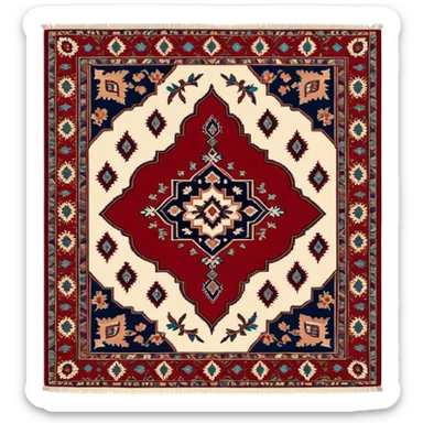 Cinematic Realistic depiction of a richly patterned Turkish carpet, rendered with exquisite details and vibrant colors, set against a soft, warmly lit background that emphasizes its artisanal craftsmanship sticker