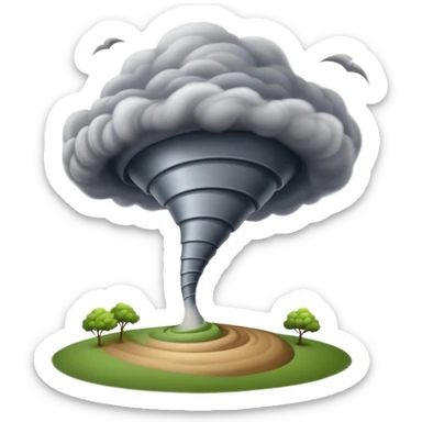 Cinematic Realistic Tornado Emoji, Spiraling fiercely, with dark swirling clouds that twist and stretch downward in a funnel shape. The winds whip up debris as the tornado roars across the landscape, leaving a trail of awe and fear. Soft glowing outline, capturing the essence of wild force and unpredictable power in a mighty tornado! sticker