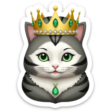 Gatito gris oscura con rayas negras ojos verdes vestida de reina con coronas y diamantes, más peluda y gordita  sticker