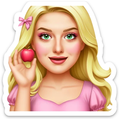 Edit the image to depict a blonde with long hair and swamp eyes rejoicing in a pink pastel dress, in the apple emoji style. sticker