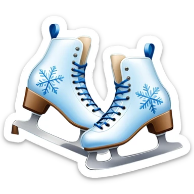 An icon showing In the background, twinkling lights, winter trees, and blue sky. a pair of elegant ice skates gliding across a smooth, frozen rink with snowflakes in the air. Transparent background highlights the grace and charm of ice skating. sticker