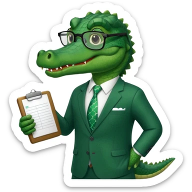 A cartoon alligator in a business suit with a clipboard and glasses sticker