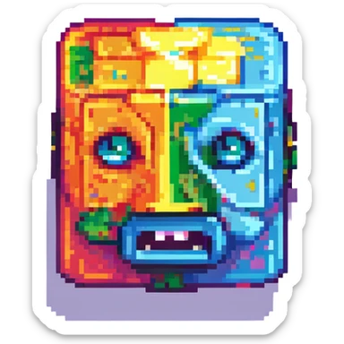simple geometric cube with a face, inspired by Geometry Dash, vibrant colors, pixelated look sticker