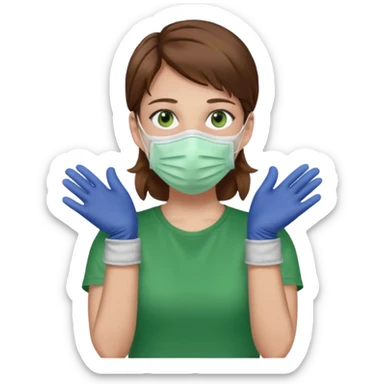 Humano de pelo marrón y ojos verdes, con un cubre boca, que tiene una camisa verde por encima de una remera blanca, y tiene un guante sin dedos en una sola de las manos sticker
