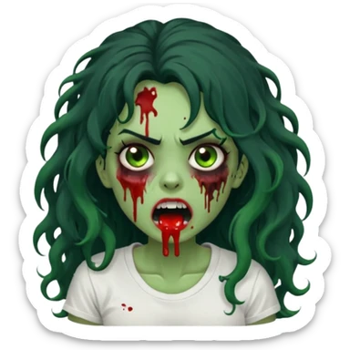 a zombie with long curly black hair volumoso, brown eyes, a white t-shirt and a splash of blood on her t-shirt, mouth open like a zombie, green skin color, not much expression, no drawing on shirt, no hands showing, less blood on her face, less blood, black hair and black eyes sticker