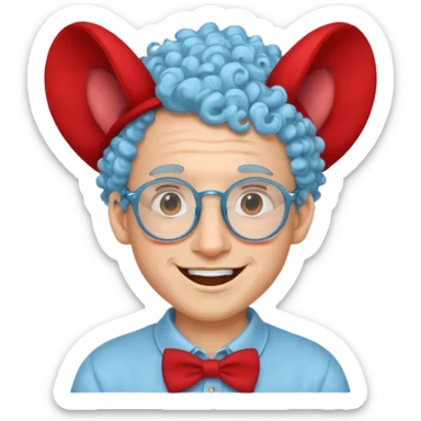 light blue haired man curly hair with big ears and red earrings and spectacles happy and hat wearing sticker