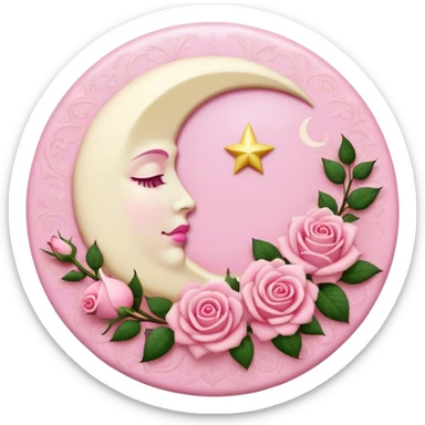 A round pink button with a cream colored crescent damask moon and pink roses in the center sticker