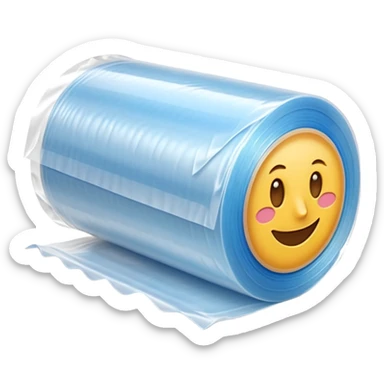 roll of plastic wrap, transparent, glossy, loose layers at one end, light-catching, thin and stretchable, cardboard core, clear plastic, soft highlights, ripple texture, no box or extra, no faces, clean 3D, soft shadows, transparent background, emoji scale sticker