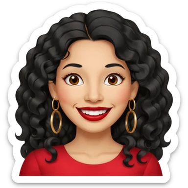 40 yr old peruvian woman, wavy/curly long black hair, red lipstick, big smile, white teeth, brown eyes, hoop earings, side part to hair, round face sticker