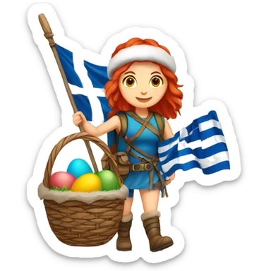 Greek Female winter mountaineer red hair white skin climbing with Greek Flag and Easter eggs basket sticker