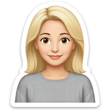 Linette Torres, 50-something Puerto Rican actress with fair complexion, extremely kind-hearted expression, bright caring eyes, soft motherly smile, blonde hair with relaxed styling, wearing a comfortable casual sweater sticker