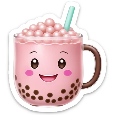 Cute Kawaii Boba Tea Cup, with a happy smiling face, chubby round shape, pastel pink and brown colors, soft glowing highlights, adorable tapioca pearls floating inside, sparkling eyes full of joy! sticker