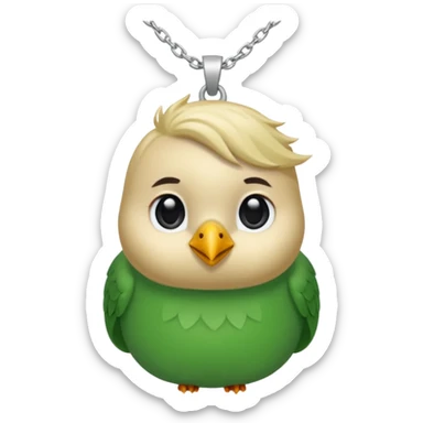 un oiseau classique de profil tout vert avec un collier autour de son cou avec des breloque argentées et un seul poil blond qui fait une petite bouclette sur le front le collier est autour du coup de l’oiseau entre la tête et le corps sticker