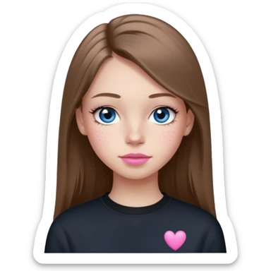 Create a teenage girl with LONG and straight light brunette hair, light skin, light freckles, and blue-grey eyes. She will have pink lips and long eyelashes. She will be wearing a black crewneck.  sticker