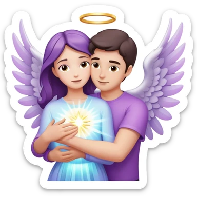 White brunette man light rays hugging a pastel purple woman angel sticker