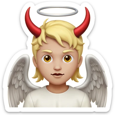 mush up the devil emoji with the angel one, I want it to be angel with devil horns, make it the classic yellow circle face sticker