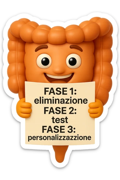 emoji stile iphone 3d di un intestino che tiene in mano un foglio con la scritta "FASE 1: eliminazione, FASE 2: test, FASE 3: personalizzazione, IPERREALISTICO 4K sticker