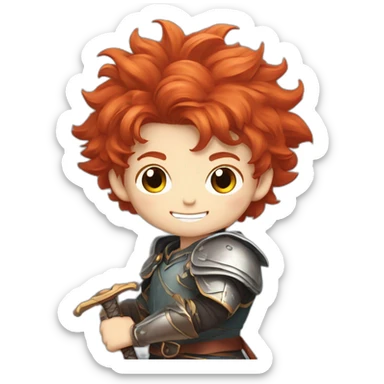 Red haired young boy with cheeky grin and pointy fluffy hair  designed in an anime type of graphic with a sword in a defense pose sticker