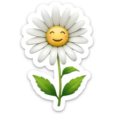 Cinematic Realistic Daisy Emoji, Cheerful and pure, with bright white petals surrounding a sunny yellow center, standing proudly atop a slender green stem. The soft, vibrant petals seem to radiate positivity, while a few green leaves frame the delicate flower. Soft glowing outline, capturing the essence of simplicity, innocence, and happiness in a single daisy. sticker