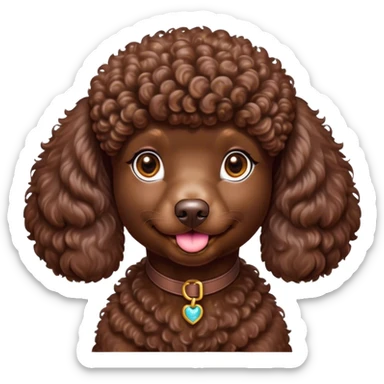 Cinematic Cute Chocolate Poodle Portrait Emoji, Head tilted playfully and inquisitively, showcasing a bouncy, curly chocolate Fur with a healthy sheen, round, sparkling brown eyes filled with curiosity, Simplified yet irresistibly adorable features, highly detailed, glowing with a warm, friendly glow, high shine, affectionate and lively, stylized with a touch of whimsy, bright and endearing, soft glowing outline, capturing the essence of a mischievous yet loving companion, so playful it feels like it could bounce out of the screen and into your arms! sticker