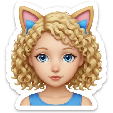 Girl with blond curly hair and blue eyes. She has cats ears sticker