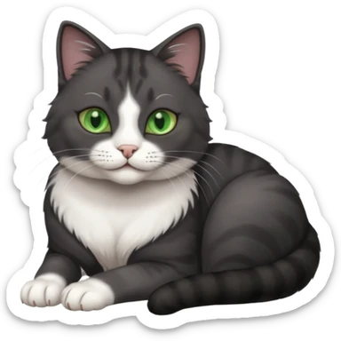 beautiful female solid dark grey cat with green eyes, white toes/paws and white patch on her chest rolling over sticker