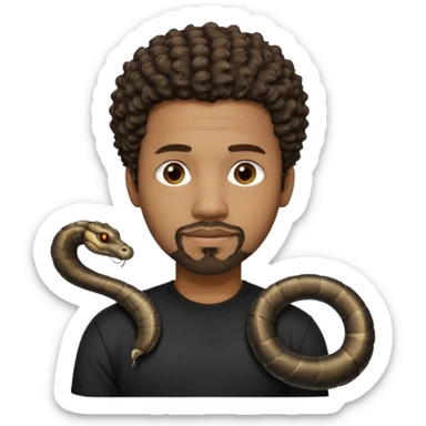 Homme couleur de peau noir, yeux marron avec un bouc que le menton, cheveux court et bouclé crépus avec dégradé sur le côté, avec un cobra à côté , t-shirt noir  sticker