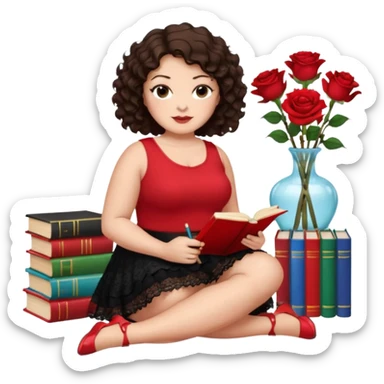 A plus-size brunette woman with short, dark brown curly hair is wearing a red sleeveless shirt and a black lace ruffled skirt. She is sitting on the floor with her legs crossed, holding a crayon in one hand. On the floor are five stacked colorful books and a glass vase with red roses. sticker