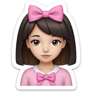 a 13 year old girl with black and brown hair with blond highlights. pink bows and pink outfit with long eyelashes and black eyes sticker