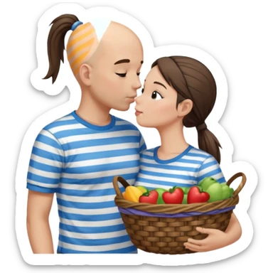 Bald boy with basket t-shirt kissing a brunette girl with a ponytail with a striped shirt sticker