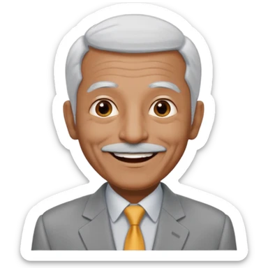 70 yr old man, very short & thin white hair, pakistani, light grey business suit, big smile, dark skin, no facial hair
 sticker