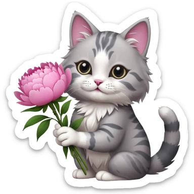 Cute cat Handing pink peonies like reaching a hand and handing them out a bouquet of them not a physical hand the cats hand  make the cat fluffy and grey and white fluffier fluffier  sticker