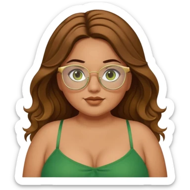 Baddie bratz girl with middle parted long wavy brown hair. green eyes. Plus size. Green spaghetti strap top. Gold glasses sticker