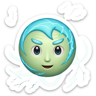 Uranus emoji in Apple style with a playful, eccentric face, blue-green planet, swirling rings, lightning effects, representing electric, unexpected change sticker