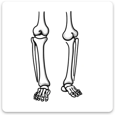 anatomical drawing of knee bones showing patella, femur, tibia, and fibula with labels sticker
